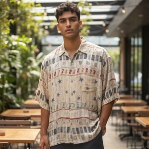 Burma Bibas Men's XL  Shirt 100% Silk Geometric Print Short Sleeve Retro